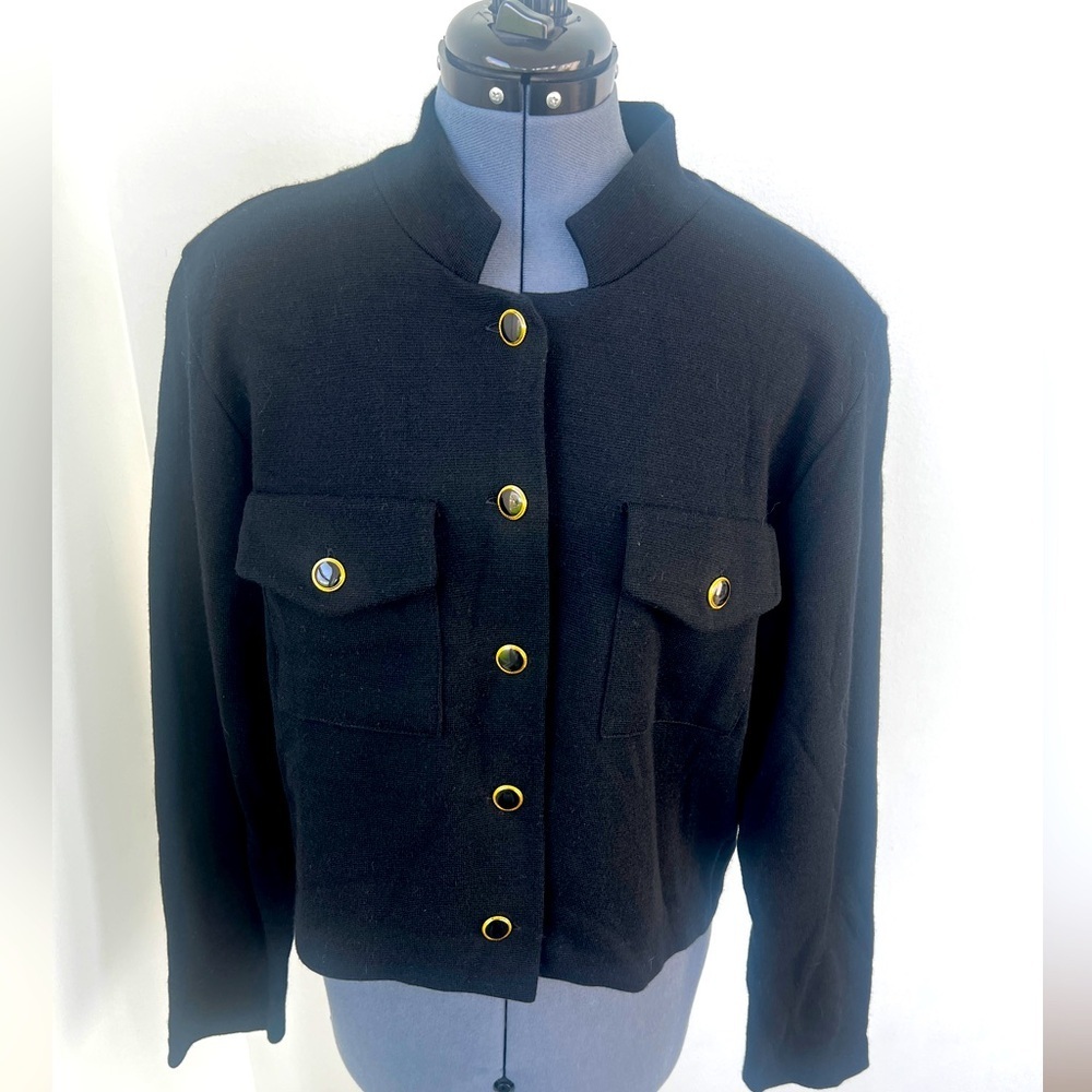 Vintage Sz L CW Clifford & Willis Black Wool Knit Mandarin Jacket Blazer Classic
